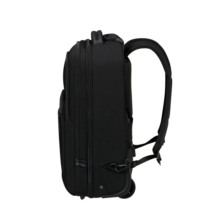 Samsonite Evosite 17.3" wheeled backpack in black, featuring sturdy wheels and padded straps for easy transport.