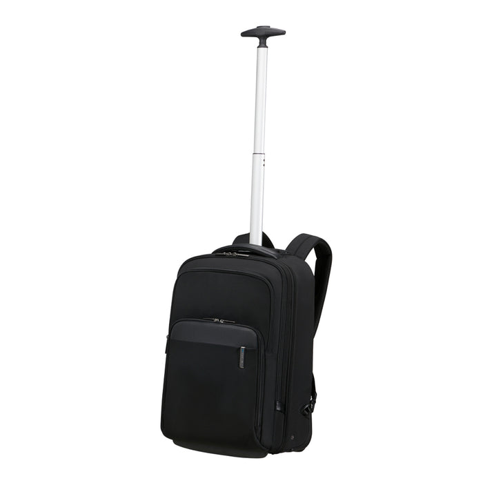 Black 17.3" wheeled backpack by Samsonite Luggage with multiple compartments and retractable handle for easy transport.