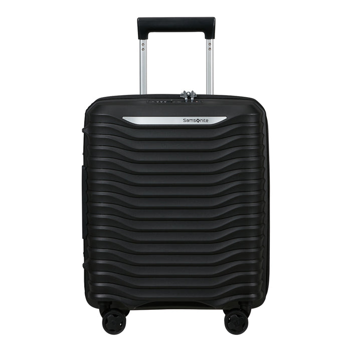 Black 45cm Samsonite Upscape 4 Wheel Underseater Suitcase, showcasing smooth wheels and compact design for cabin luggage.