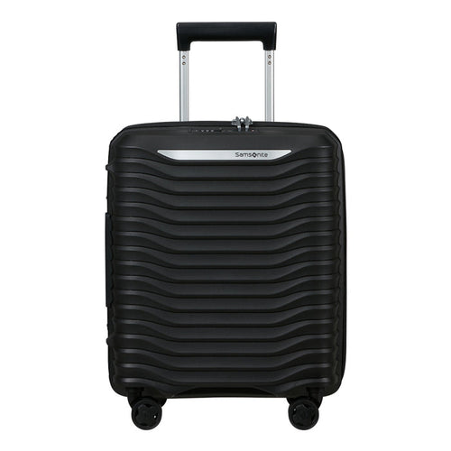 Black 45cm Samsonite Upscape 4 Wheel Underseater Suitcase, showcasing smooth wheels and compact design for cabin luggage.