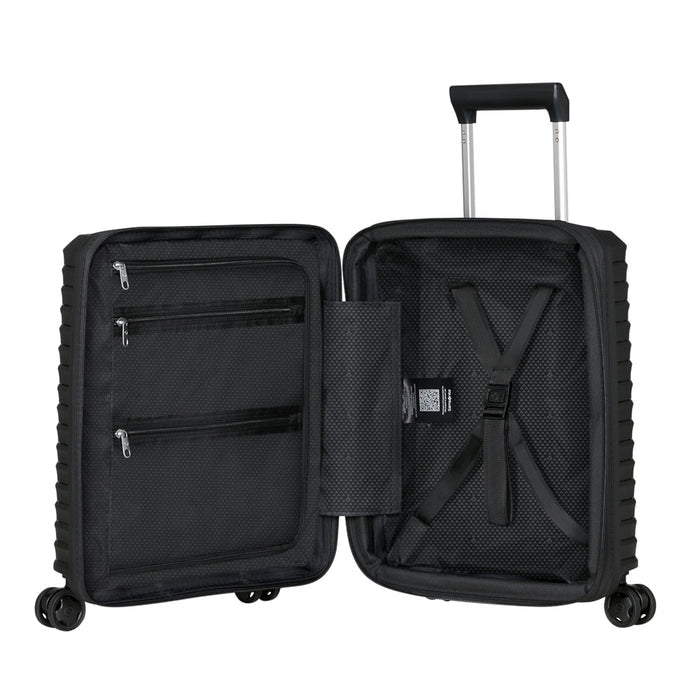 Samsonite Upscape 45cm black 4 wheel underseater suitcase with sleek design and spacious interior for cabin travel.
