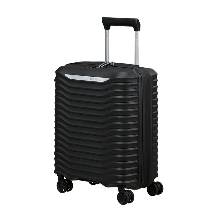 Samsonite Upscape 45cm black 4 wheel underseater suitcase with sleek design and spacious interior for cabin travel.