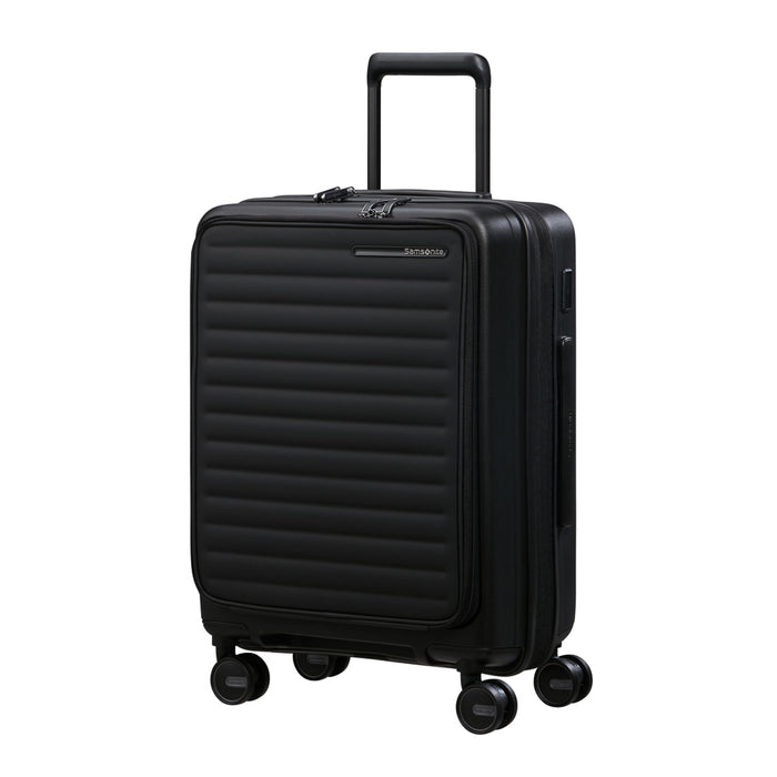 Samsonite Restackd 55cm easy access cabin suitcase in black, showcasing durable design and spacious interior.