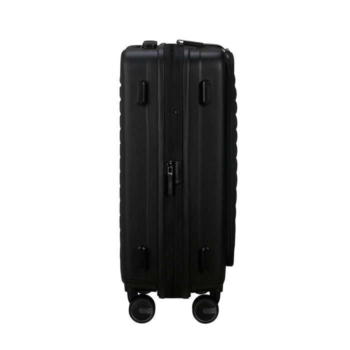 Samsonite 55cm Easy Access Cabin Suitcase in black, featuring smooth wheels and a sturdy handle for easy travel.