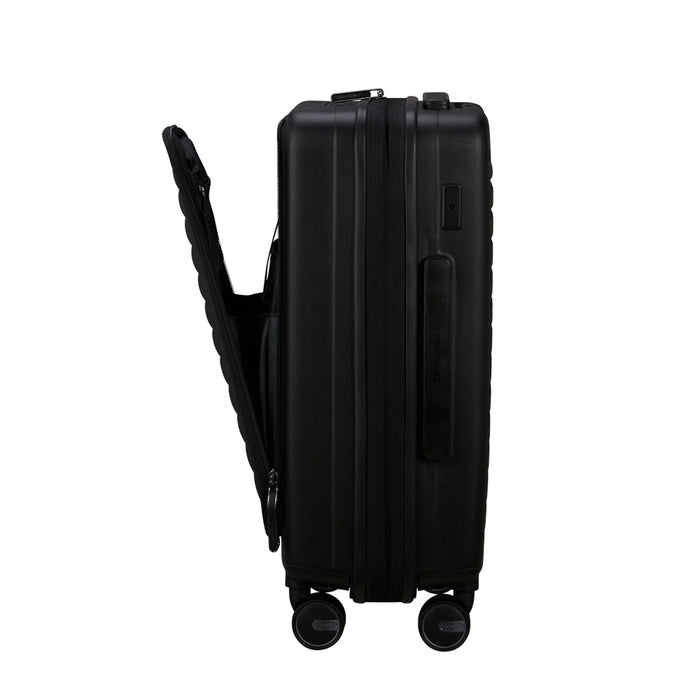 Samsonite 55cm Easy Access Cabin Suitcase in black, featuring a sleek design and spacious interior for travel convenience.