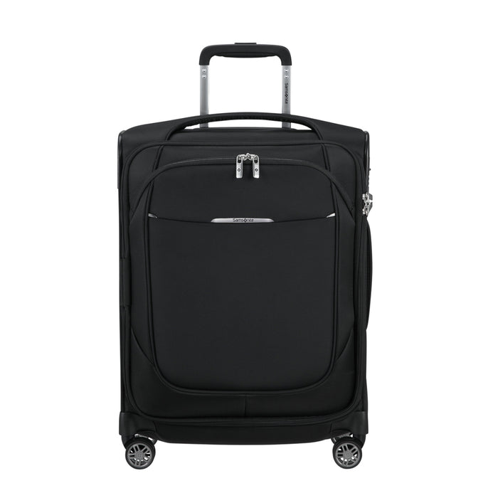 Black 55cm expandable carry-on suitcase from Samsonite Luggage, featuring a sleek design and durable exterior.