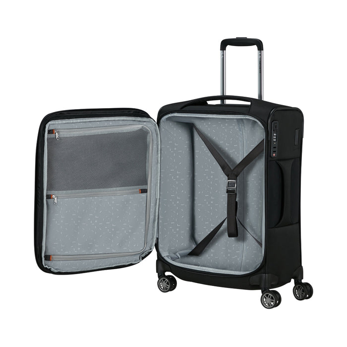 Samsonite Re-Lite 55cm expandable carry-on suitcase in black, featuring a sleek design and spacious interior for travel.