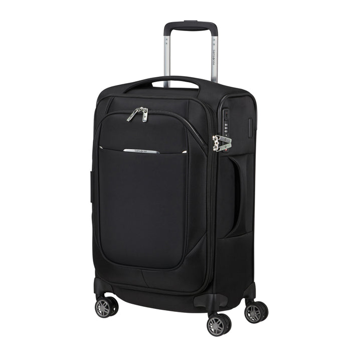Samsonite Re-Lite 55cm expandable black carry-on suitcase with wheels and top handle, shown from the front.