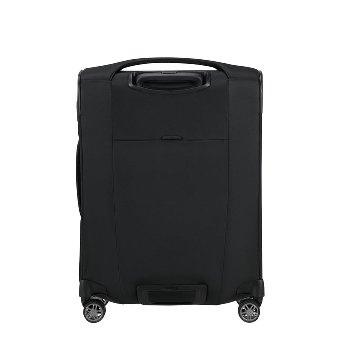 Samsonite 55cm expandable carry-on suitcase in black, featuring a sleek design and sturdy wheels for easy travel.