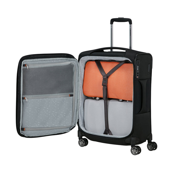 Samsonite 55cm Re-Lite expandable cabin suitcase in black with four wheels and a sleek design.