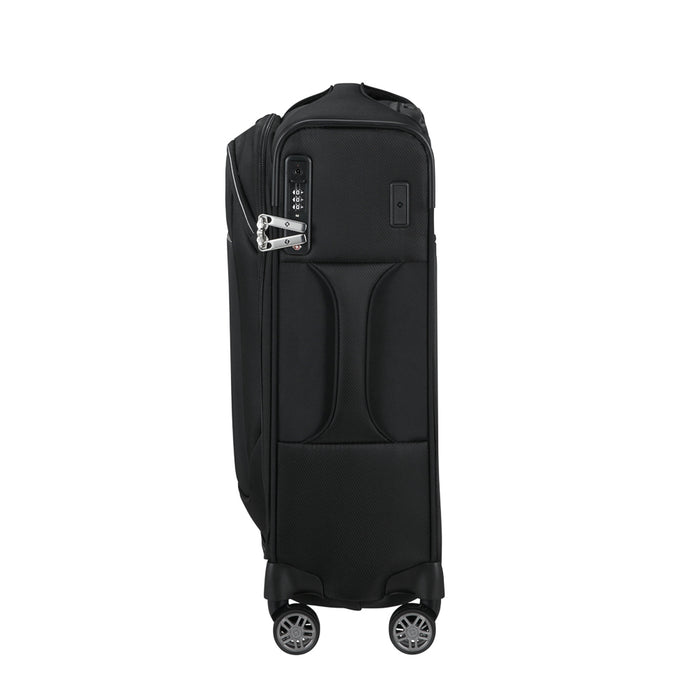 Samsonite Re-Lite 55cm expandable carry-on suitcase in black, showcasing smooth wheels and zippered compartments.