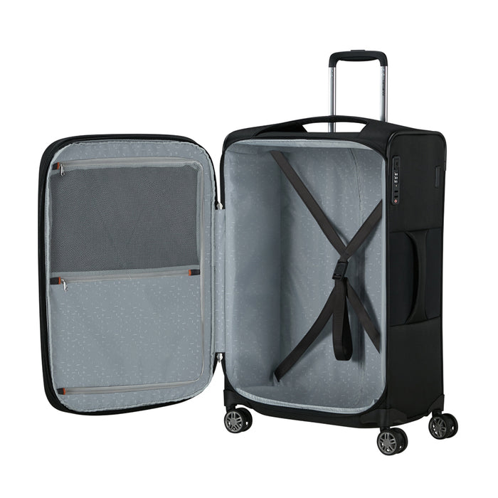 Samsonite Re-Lite 67cm expandable spinner suitcase in black, showcasing smooth wheels and spacious interior design.