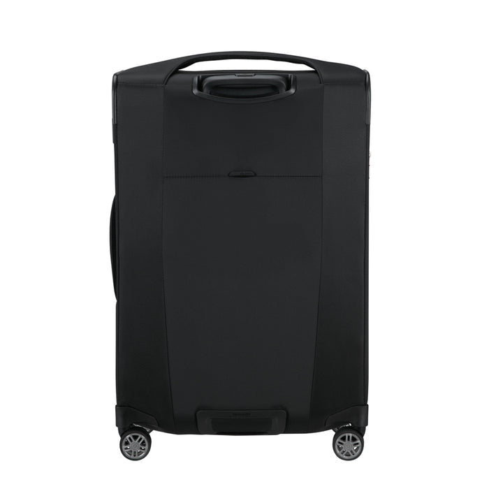 Samsonite Re-Lite 67cm expandable black spinner suitcase with four wheels and ergonomic handle for easy travel.