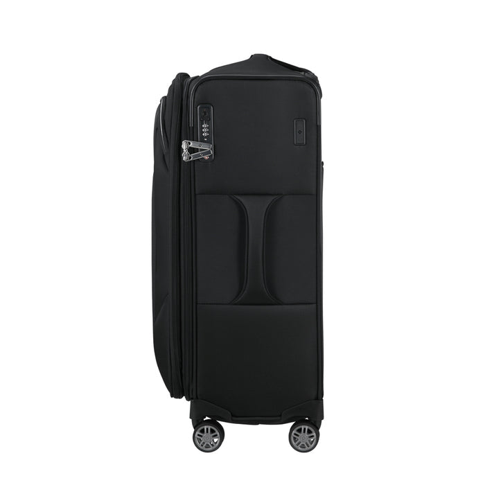 Samsonite Re-Lite 67cm expandable spinner suitcase in black, showcasing smooth wheels and spacious interior for travel.
