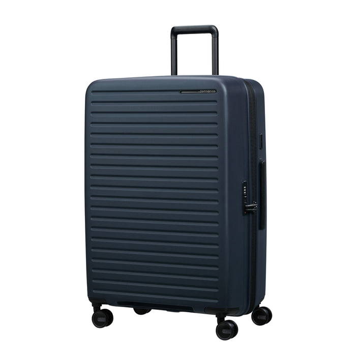 75cm Samsonite Restackd spinner suitcase in midnight blue, showcasing durable exterior and smooth-rolling wheels.