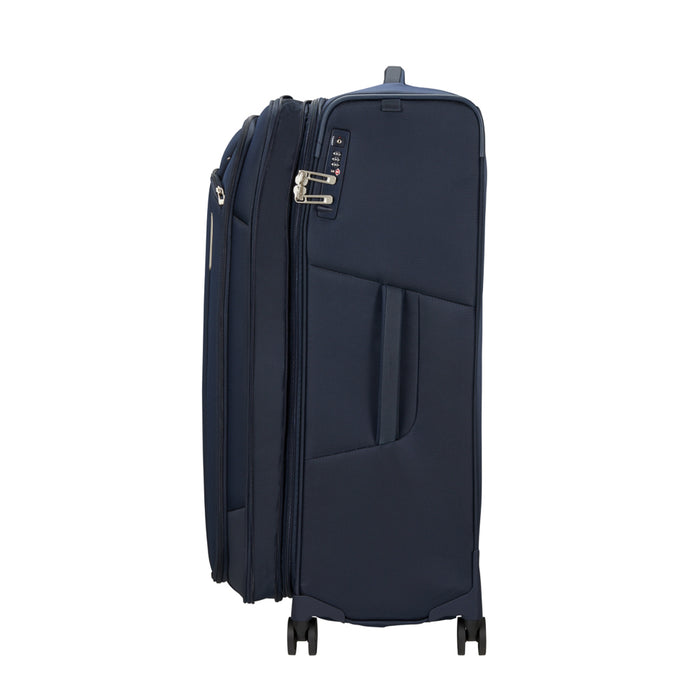 Midnight blue 79cm Spinner Suitcase by Samsonite, featuring four wheels and a sleek design for easy travel.