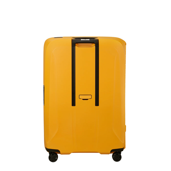 Radiant yellow 81cm Samsonite Essens spinner suitcase with four wheels for easy mobility.