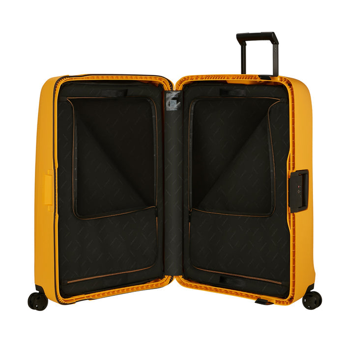 Samsonite Essens 81cm spinner suitcase in radiant yellow, featuring a sleek design and durable construction.