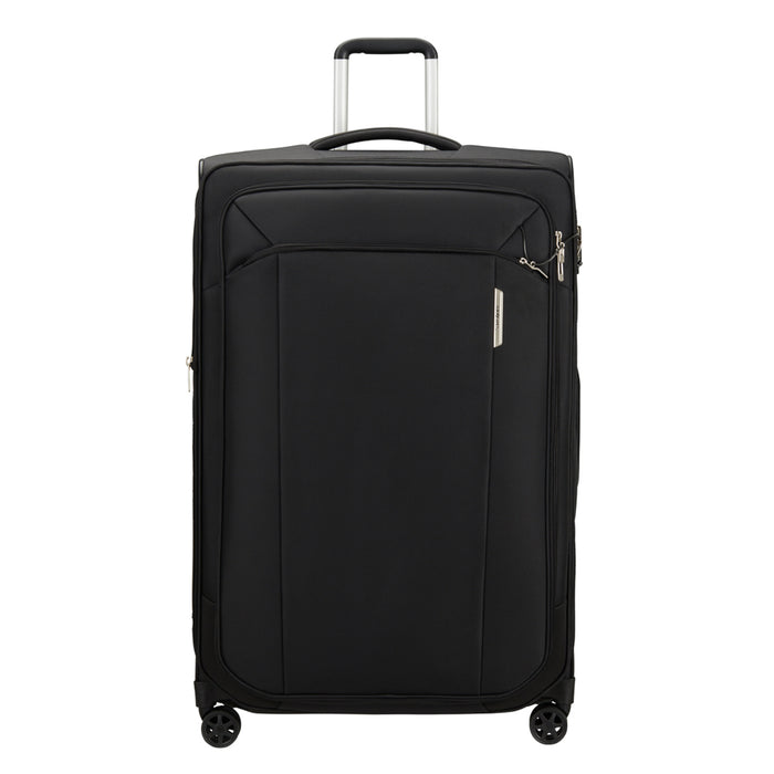 82cm Samsonite Respark spinner suitcase in sleek black, showcasing four wheels and spacious interior for check-in travel.