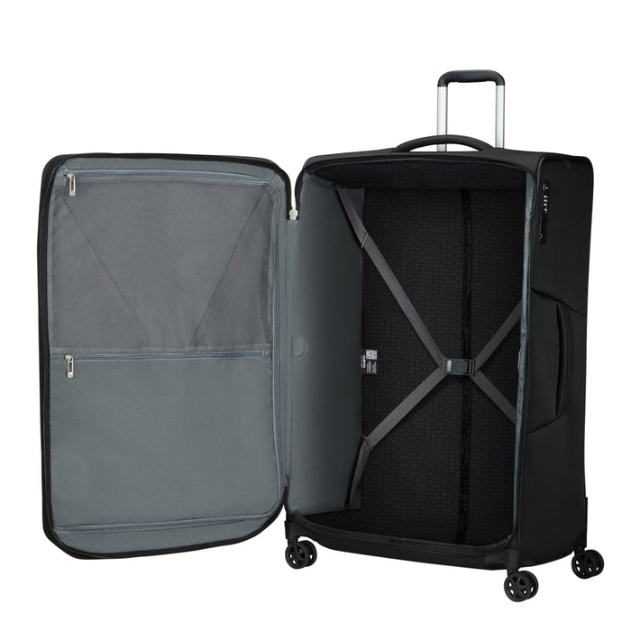Samsonite Respark 82cm spinner suitcase in black, featuring four wheels and a spacious interior for check-in luggage.