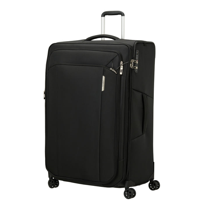 Black 82cm spinner suitcase by Samsonite, featuring four wheels and a durable design for check-in luggage.
