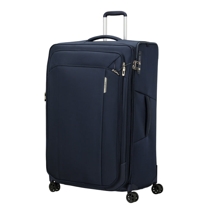 82cm midnight blue spinner suitcase by Samsonite, featuring four wheels and a durable design for easy check-in travel.