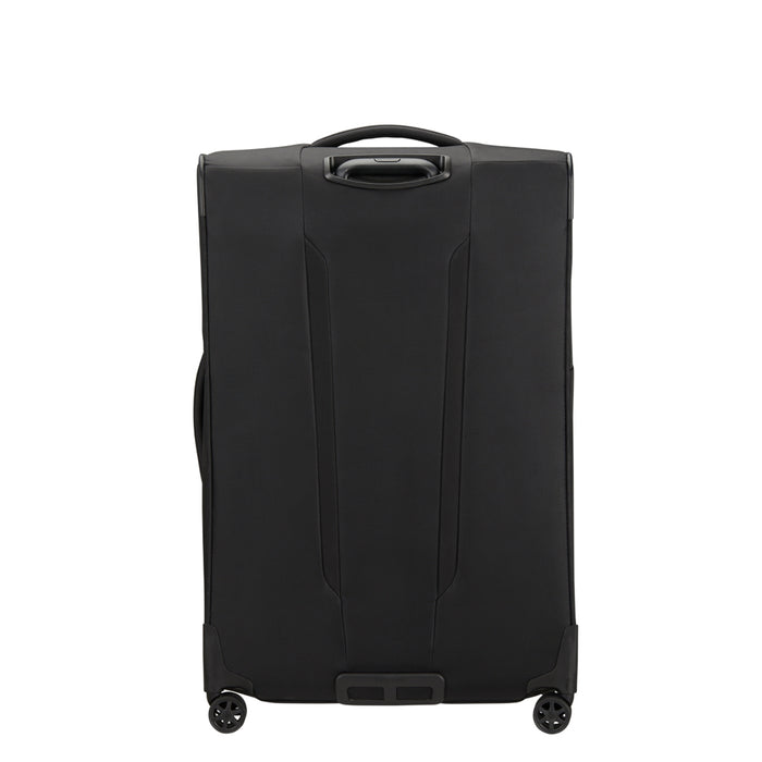 82cm black Samsonite Respark spinner suitcase with four wheels and a sturdy handle for easy travel.