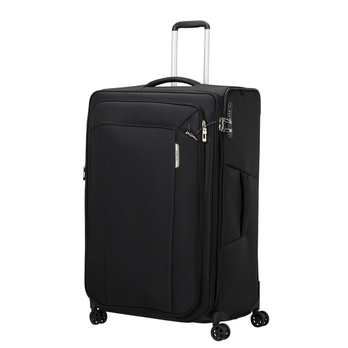 82cm Samsonite Respark spinner suitcase in black, featuring four wheels and a durable exterior for travel convenience.