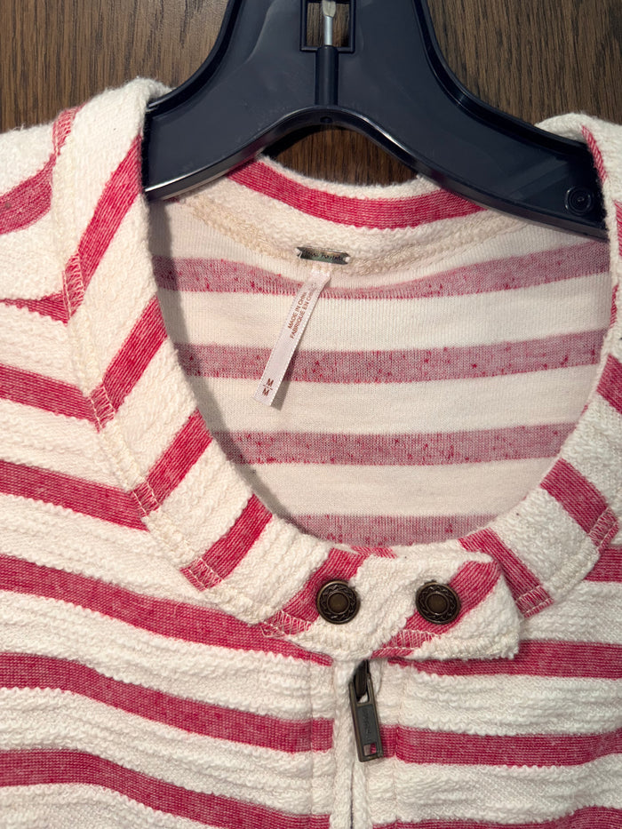 Free People Women’s Medium Red Ivory Striped Peplum Zip Jacket French Terry Medium