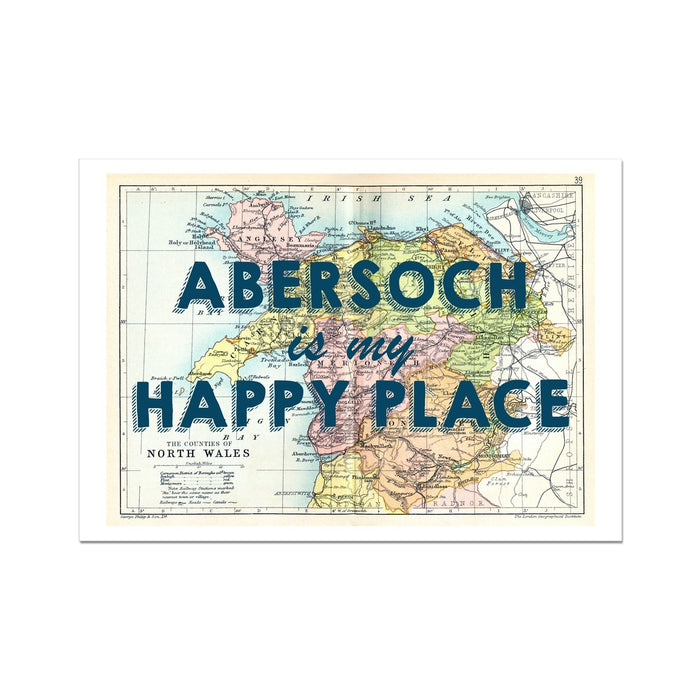 Abersoch is my Happy Place Quote (Navy) on Vintage North Wales Map Print - Unframed