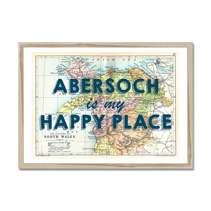 Abersoch is my Happy Place Quote (Navy) on Vintage North Wales Map Print - Unframed