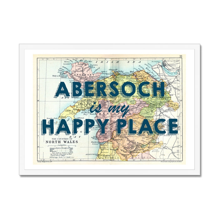 Abersoch is my Happy Place Quote (Navy) on Vintage North Wales Map Print - Unframed