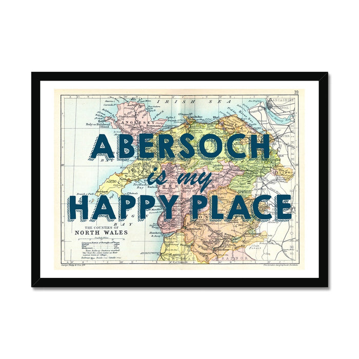 Abersoch is my Happy Place Quote (Navy) on Vintage North Wales Map Print - Unframed