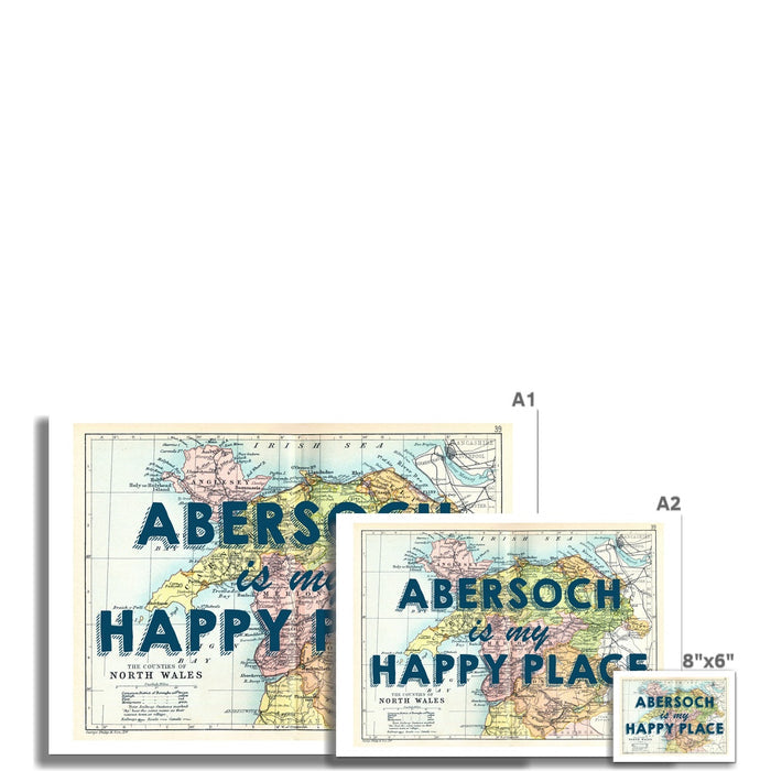 Abersoch is my Happy Place Quote (Navy) on Vintage North Wales Map Print - Unframed