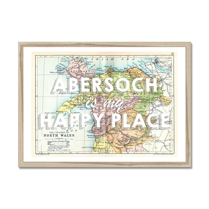 A framed vintage map print of North Wales with the text 'Abersoch is our Happy Place' superimposed on it.
