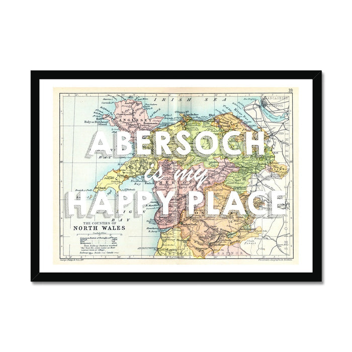 Framed map print of Abersoch featuring a vintage map of North Wales with the text 'Abersoch is my Happy Place' in white.