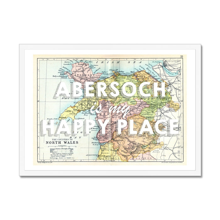 A white framed vintage map print of North Wales with the text 'Abersoch is our Happy Place' superimposed on it.