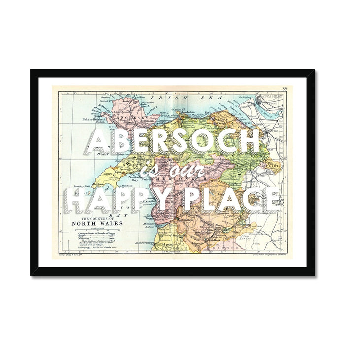 Abersoch is our Happy Place Quote (White) on Vintage North Wales Map Wall Art - Framed