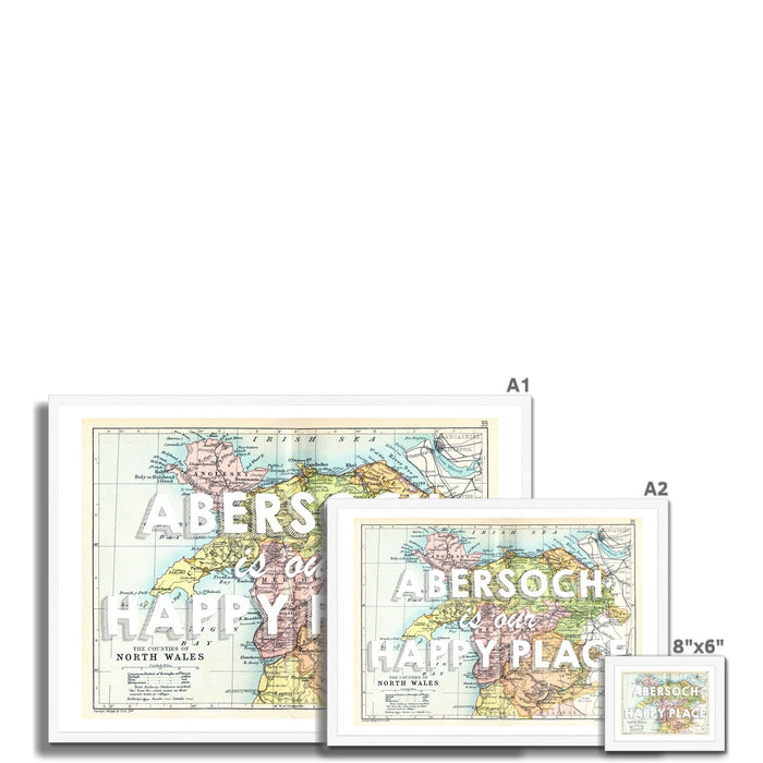 Abersoch is our Happy Place Quote (White) on Vintage North Wales Map Wall Art - Framed