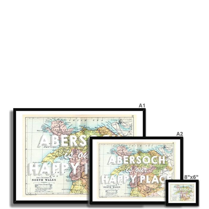 Abersoch is our Happy Place Quote (White) on Vintage North Wales Map Wall Art - Framed