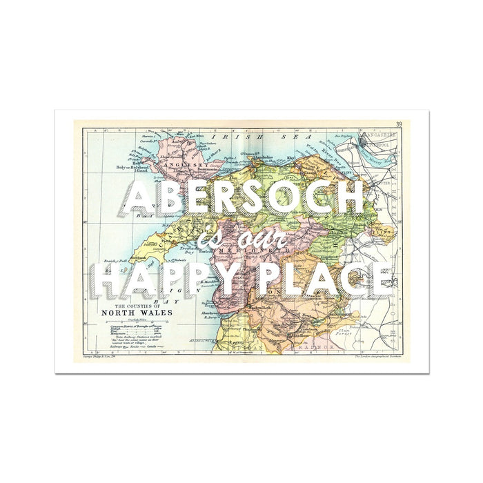 A framed art print of a vintage map of North Wales with the text 'Abersoch is our Happy Place' superimposed on it.