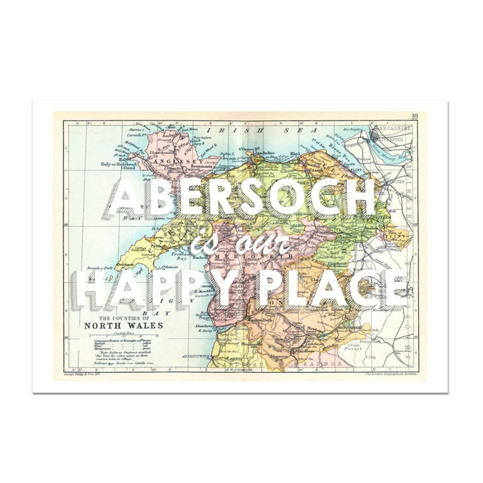 A vintage map print of North Wales with the text 'Abersoch is our Happy Place' superimposed on it.