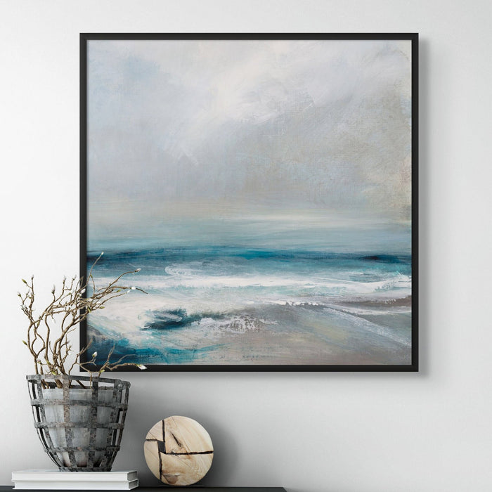 Sea Painting Print framed on wall with a simple black frame, beach painting