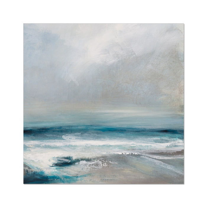 An abstract sea painting featuring shades of blue and white, representing the ocean with bold strokes.
