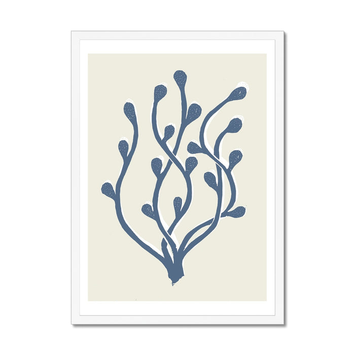 Framed art print of abstract seaweed in blue on a white background.