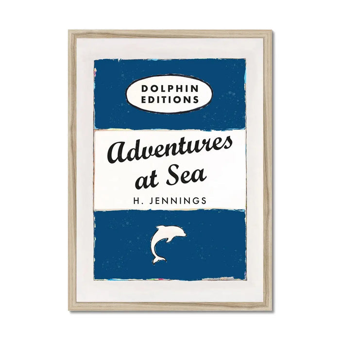 A framed art print titled 'Adventures at Sea' with a vintage book cover design, featuring a blue background, white text, and a small illustration of a dolphin.
