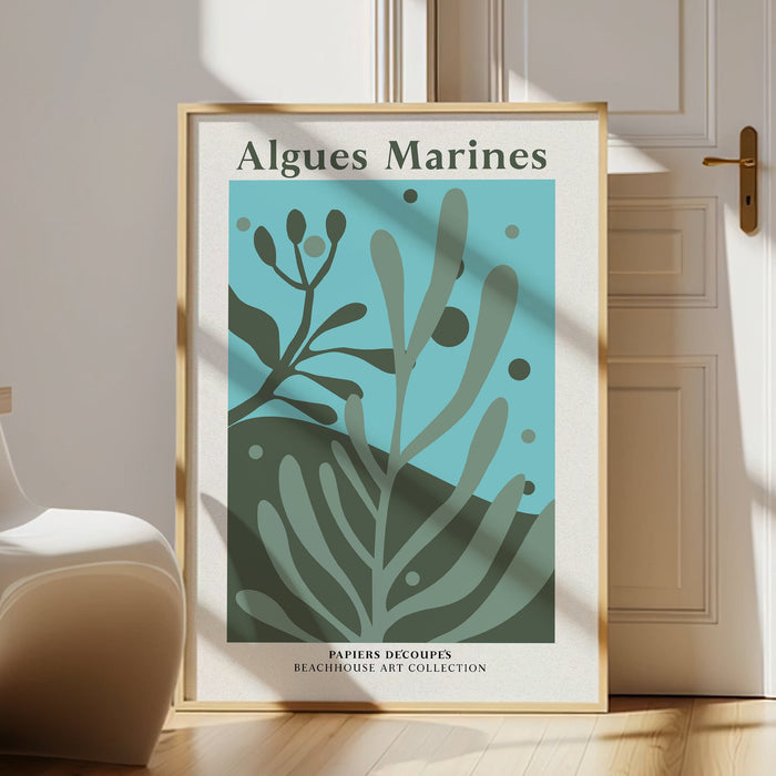 Framed seaweed artwork titled 'Algues Marines' on a wooden floor with a chair and table in the background.