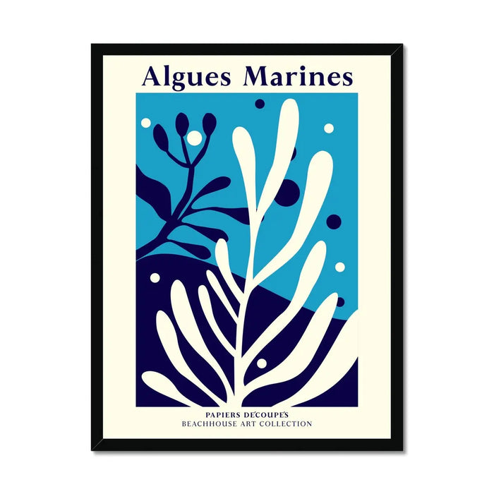 A framed seaweed print titled 'Algues Marines' featuring stylised seaweed in blue and white colours, with a black frame.