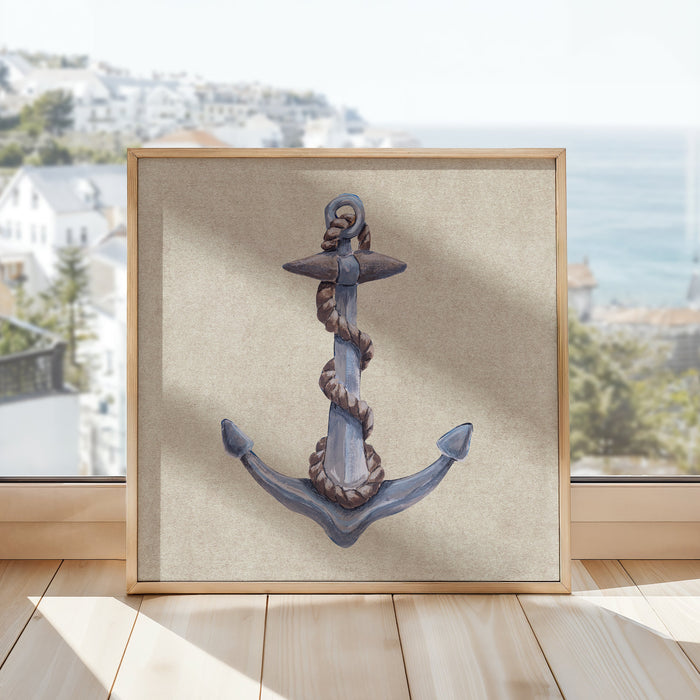 Framed artwork of an anchor on a wooden floor with a window view in the background