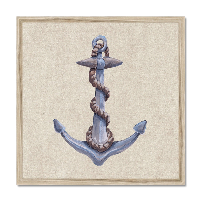 Framed artwork of a blue anchor on a beige background